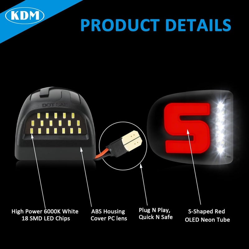 KDM LED License Plate Light with“S”Red Neon Tube fit for 1999-2013 Chevy Silverado GMC Sierra 1500 2500 3500 HD Suburban Tahoe Ca-dillac Escalade EXT Yukon XL,White & Red 2Pcs Pack - Image 4